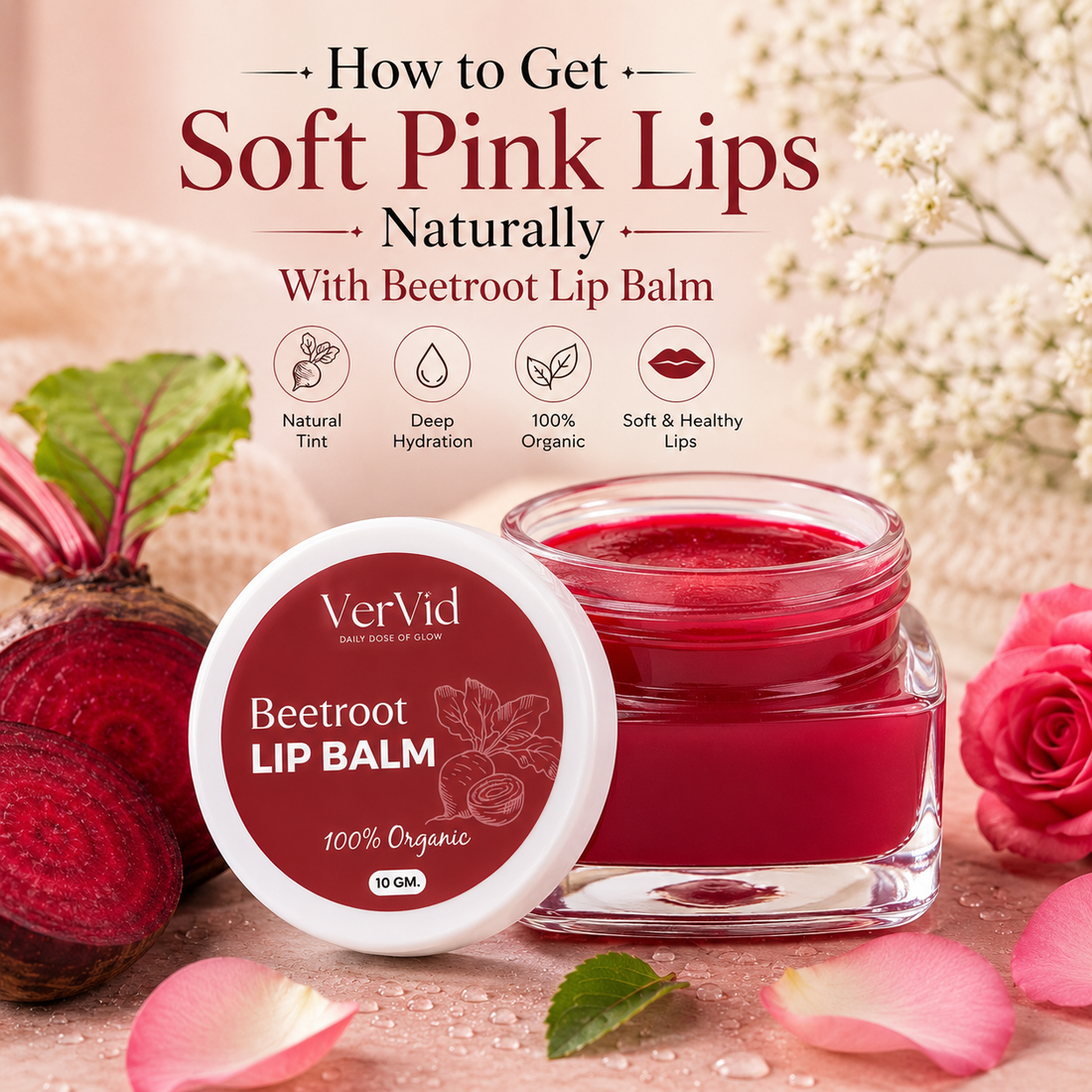 best beetroot lip balm for dark lips with natural ingredients, organic lip balm for soft smooth pink lips VerVid