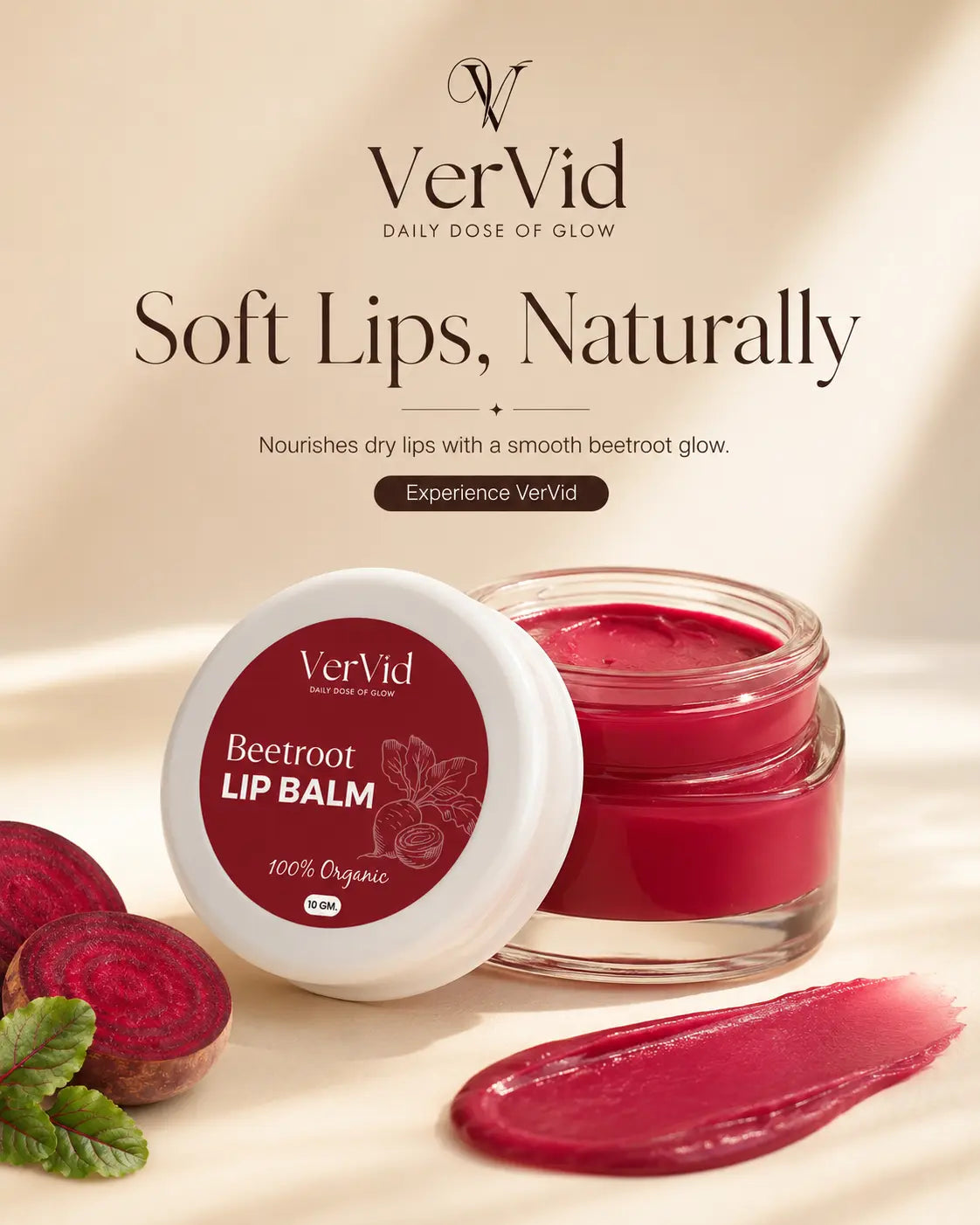VerVid Beetroot Lip Balm For Dark Lips with natural hydration and beetroot tint for soft healthy lips
