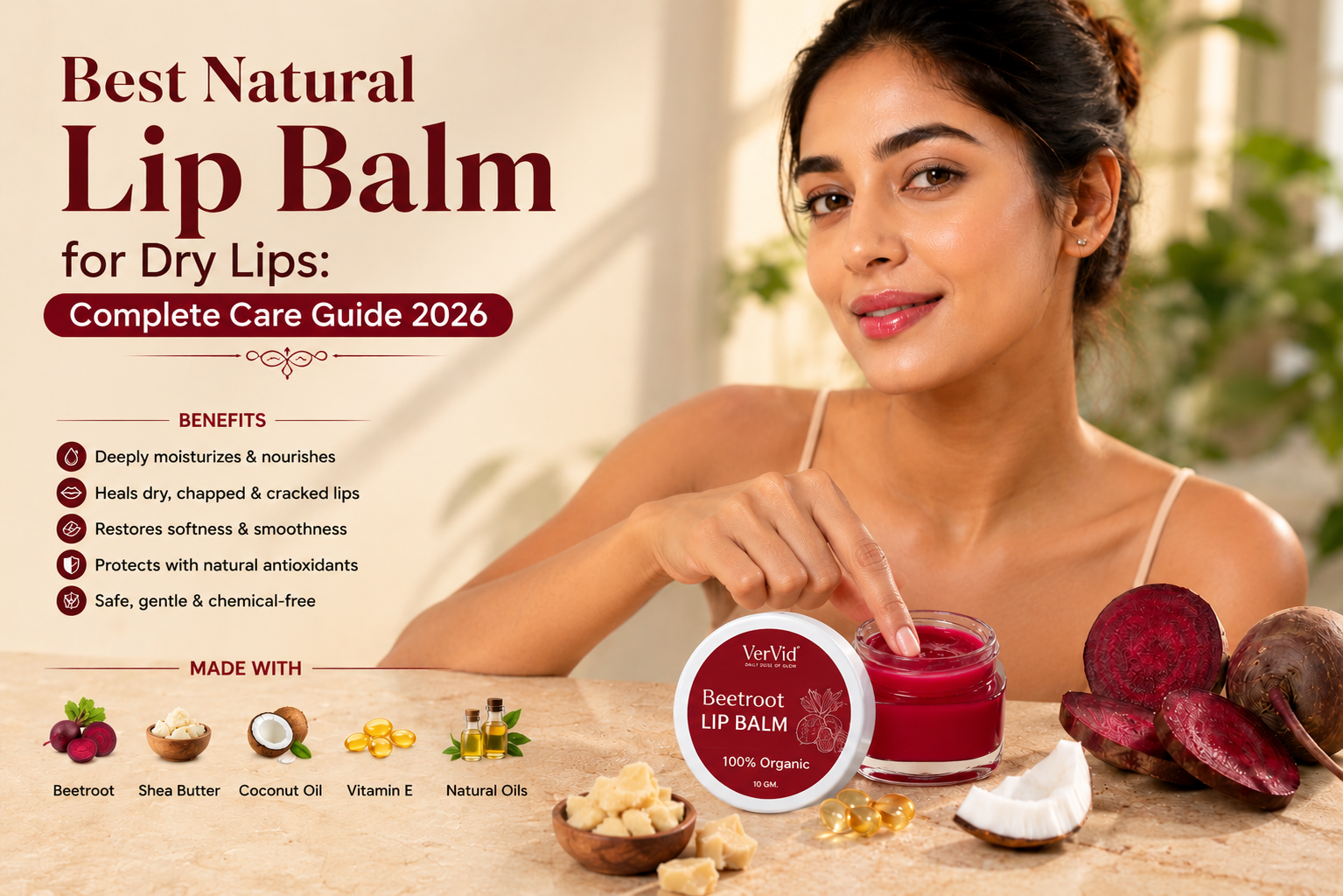 Best natural lip balm for dry lips with beetroot, shea butter, and vitamin E for soft hydrated lips