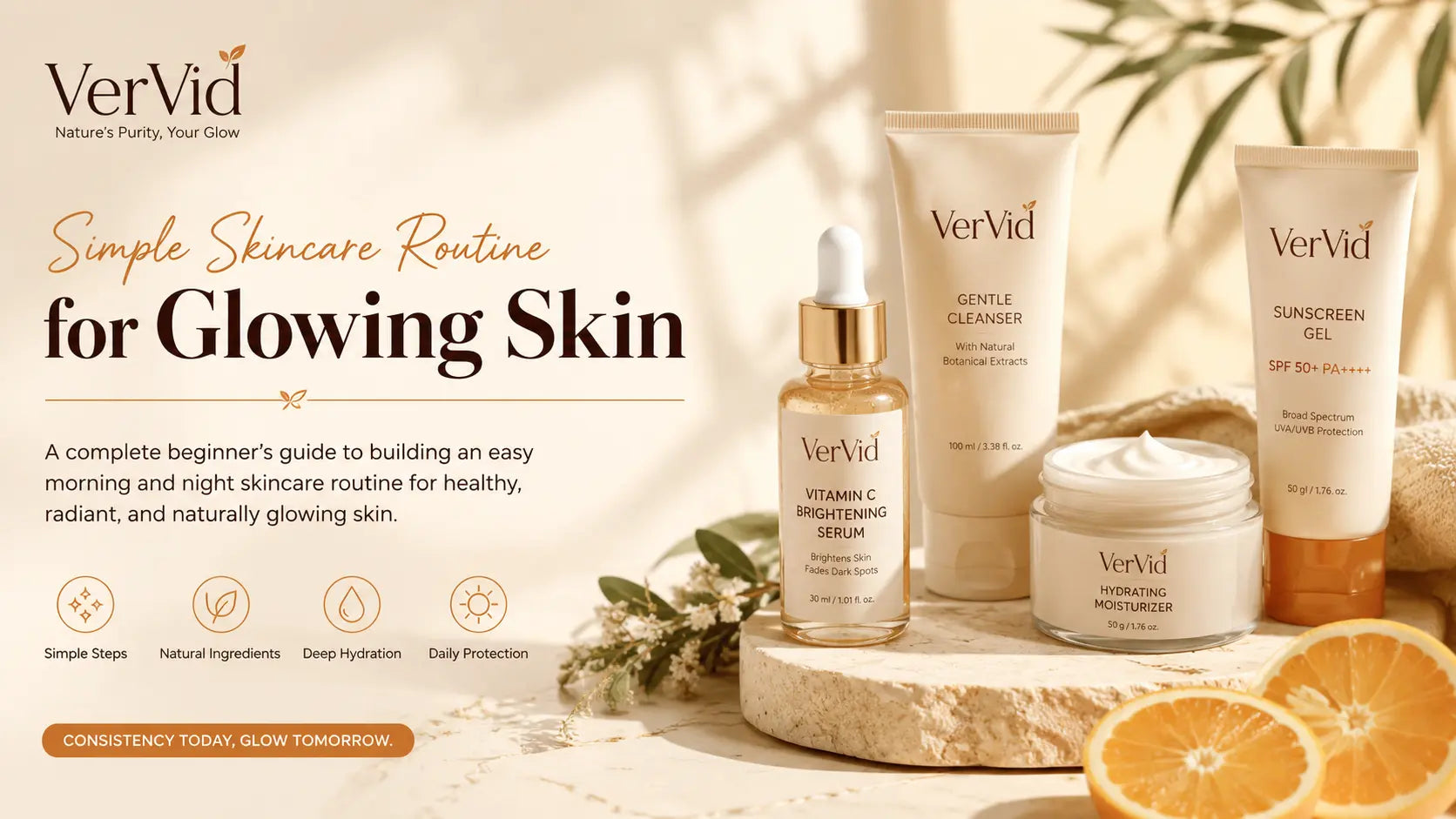 VerVid skincare routine banner featuring Vitamin C face wash, glow serum, and Korean red ginseng serum on a beige aesthetic background with natural ingredients like orange, aloe, and ginseng promoting glowing skin