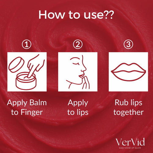 Instructions on how to use a lip balm with VerVid branding on a red background.
