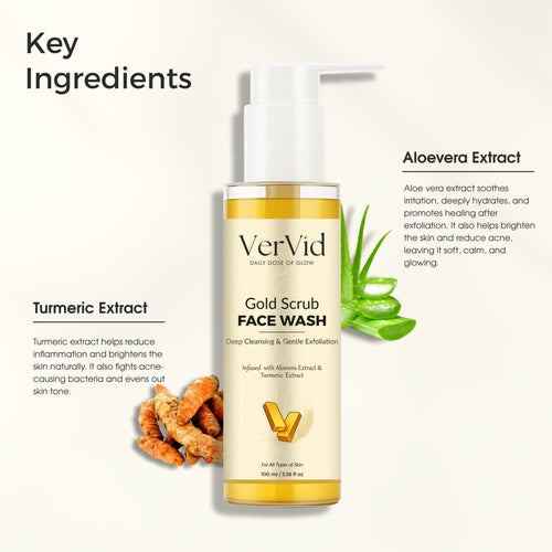 VerVid Gold Scrub Face Wash bottle with turmeric and aloe vera illustrations on a white background