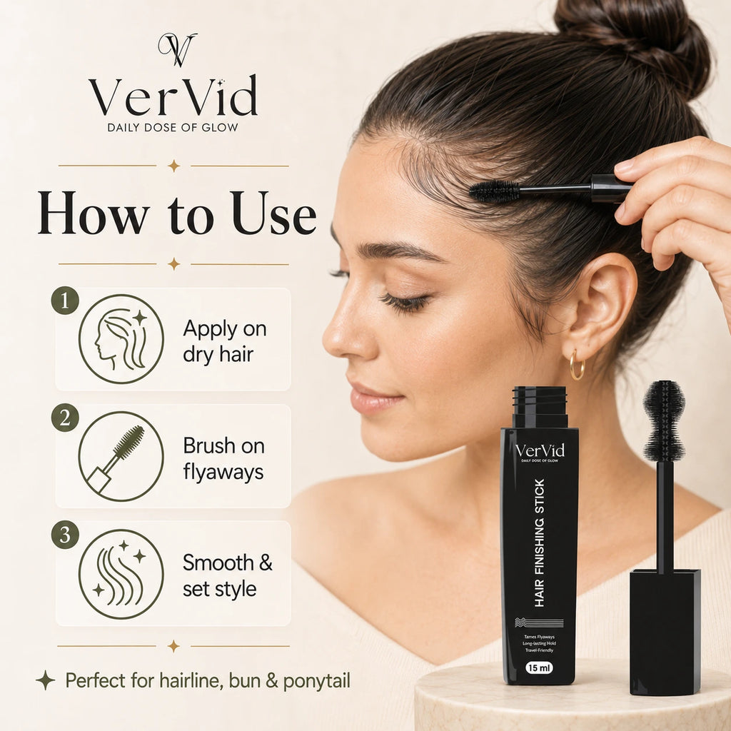 How to use Vervid hair finishing stick on dry hair to brush flyaways and set baby hair