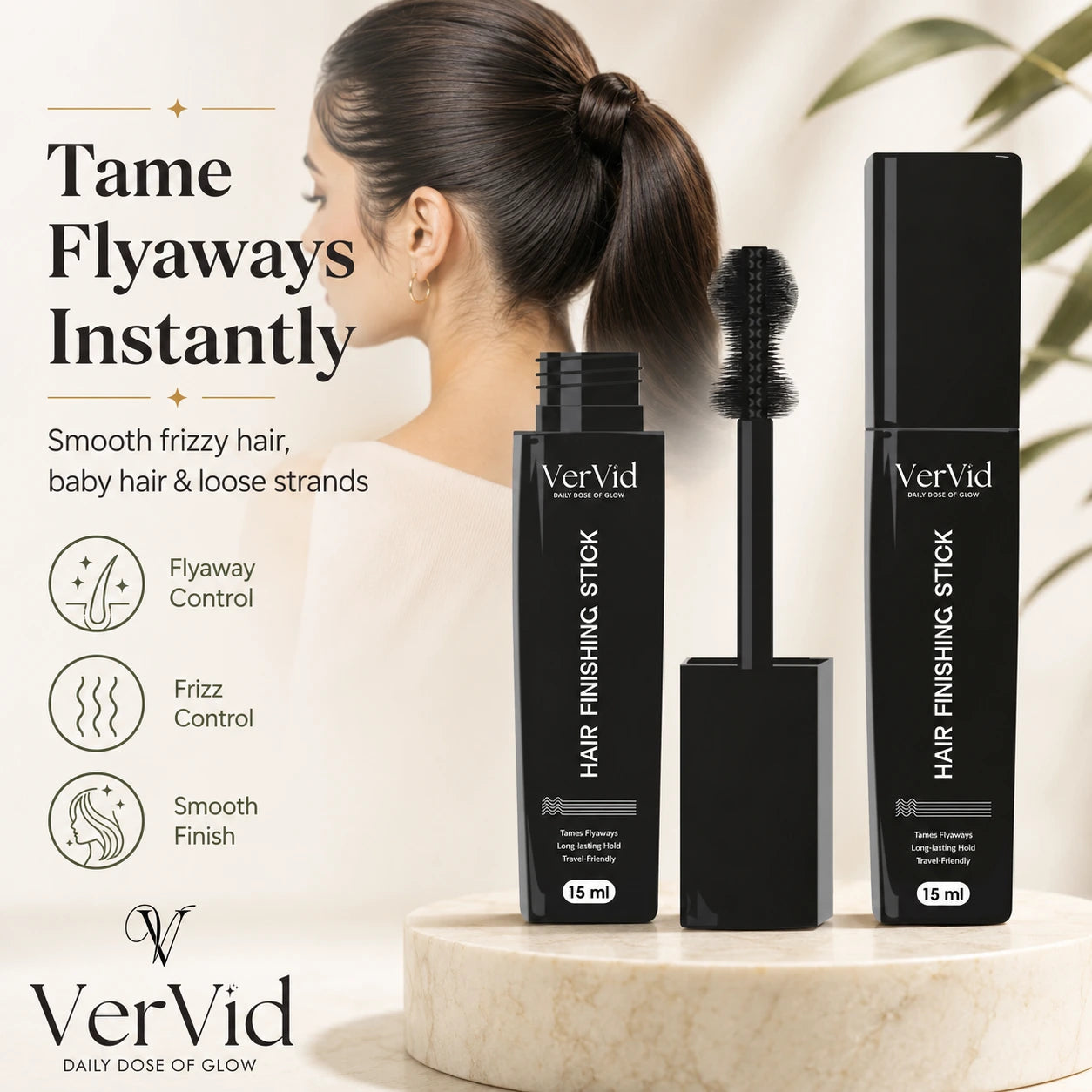 Vervid hair finishing stick to tame flyaways instantly, smooth baby hair and loose strands